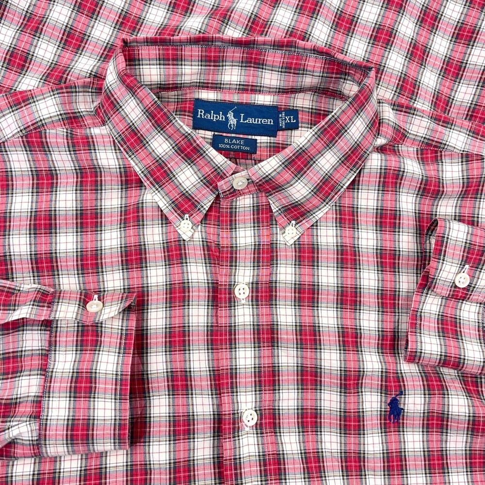 Ralph‎ Lauren Shirt Men XL Red Plaid Button Up Blake Poplin Dress Blue Pony A57
